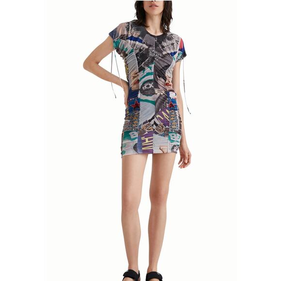 Desigual Designer Newsprint Slim Ruched mini dress Size Small - Picture 1 of 9